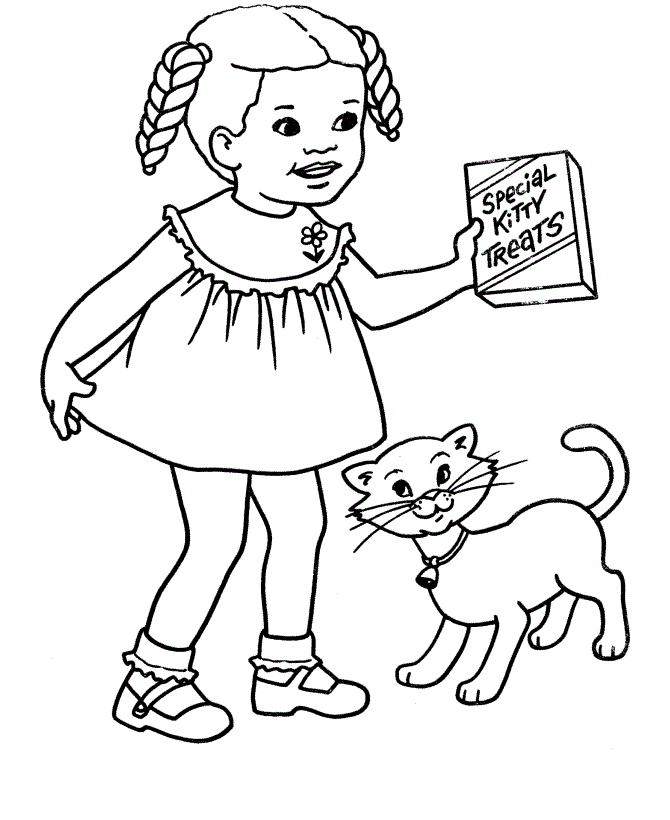 Раскраска маленькая девочка тренирует свою кошку