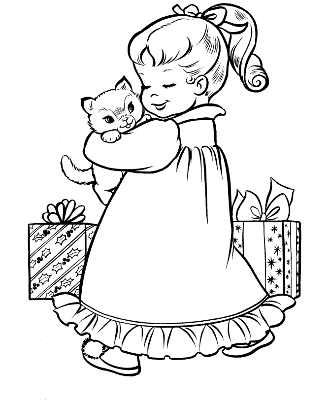 Раскраска маленькая девочка обнимает свою кошку