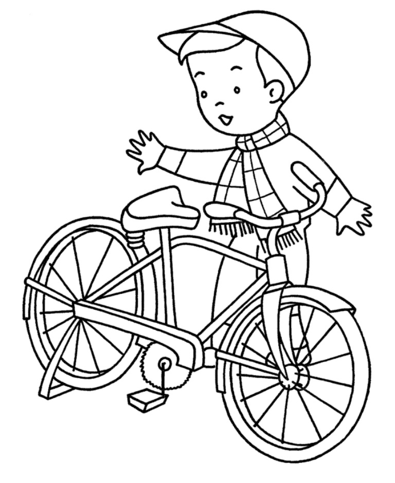 Раскраска мальчик с велосипедом