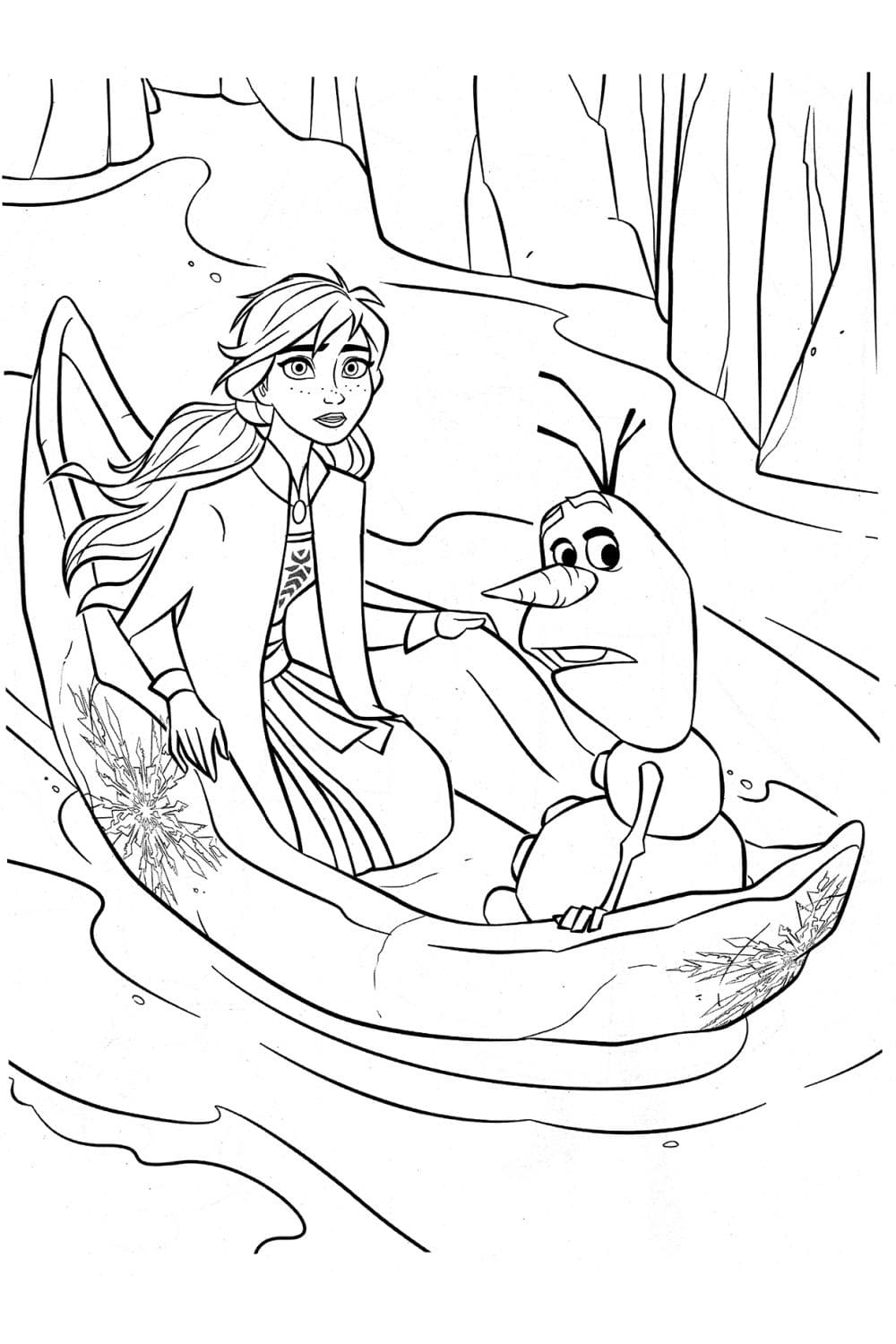 Раскраска Анна и Олаф в лодке
