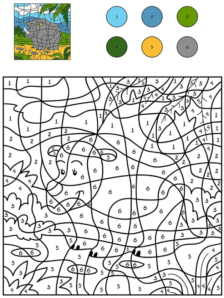 Раскраска Носорог на полянке по цифрам