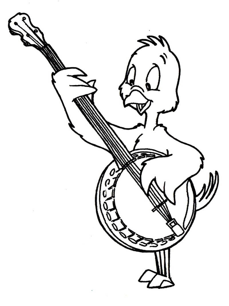 Раскраска утка играет на банджо